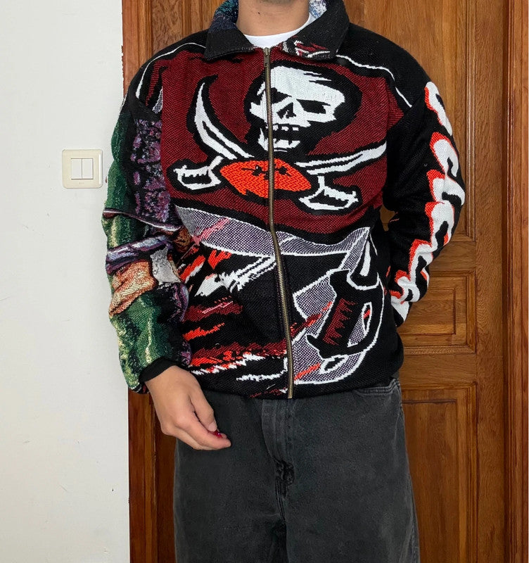 Veste en tapisserie design unique vintage fait main upcyclé retravaillé tissé taille XL n•751