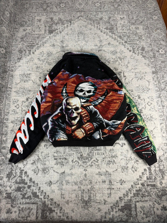 Veste en tapisserie design unique vintage fait main upcyclé retravaillé tissé taille XL n•751