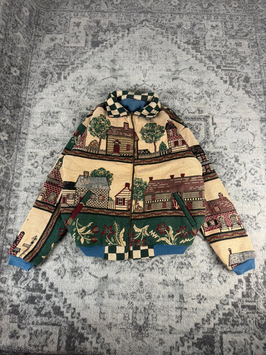 Veste en tapisserie design unique vintage fait main upcyclé retravaillé tissé taille XL n•752