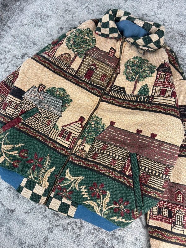 Veste en tapisserie design unique vintage fait main upcyclé retravaillé tissé taille XL n•752
