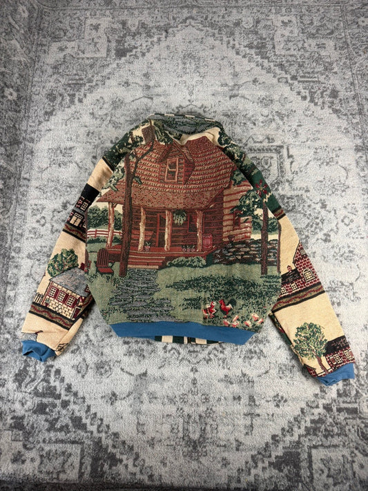 Veste en tapisserie design unique vintage fait main upcyclé retravaillé tissé taille XL n•752