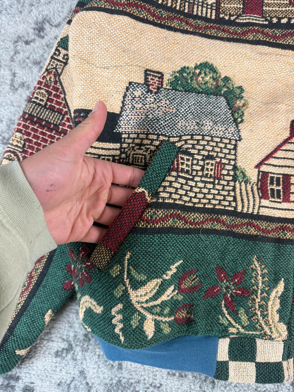 Veste en tapisserie design unique vintage fait main upcyclé retravaillé tissé taille XL n•752