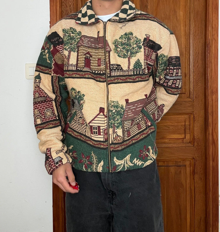 Veste en tapisserie design unique vintage fait main upcyclé retravaillé tissé taille XL n•752
