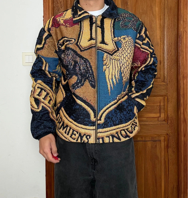 Veste en tapisserie design unique vintage fait main upcyclé retravaillé tissé taille XL n•754