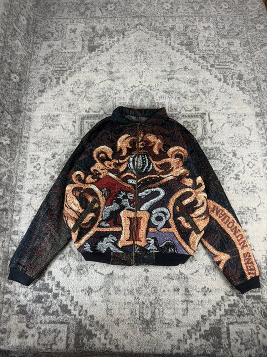 Veste en tapisserie design unique vintage fait main upcyclé retravaillé tissé taille XL n•755