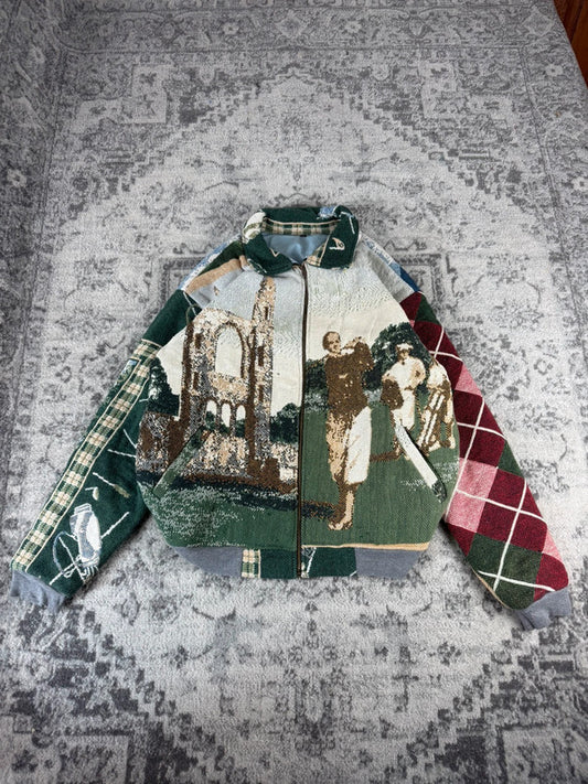 Veste en tapisserie design unique vintage fait main upcyclé retravaillé tissé taille XL n•759