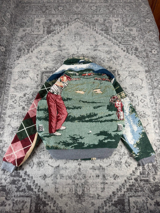 Veste en tapisserie design unique vintage fait main upcyclé retravaillé tissé taille XL n•759
