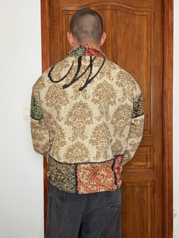 Veste en tapisserie design unique vintage fait main upcyclé retravaillé tissé taille XL n•760