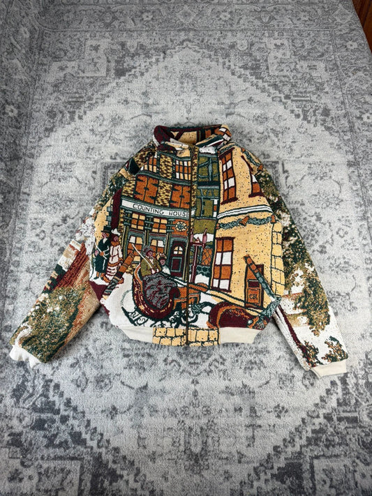 Veste en tapisserie design unique vintage fait main upcyclé retravaillé tissé taille XL n•761