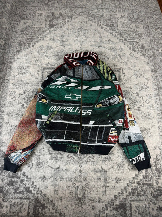 Veste en tapisserie design unique vintage fait main upcyclé retravaillé tissé taille XL n•762