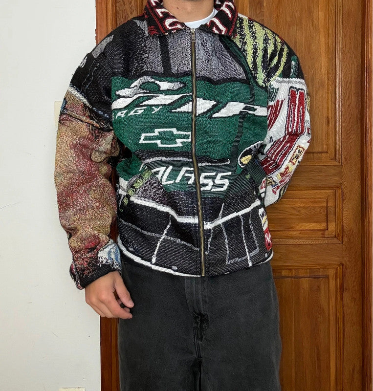Veste en tapisserie design unique vintage fait main upcyclé retravaillé tissé taille XL n•762