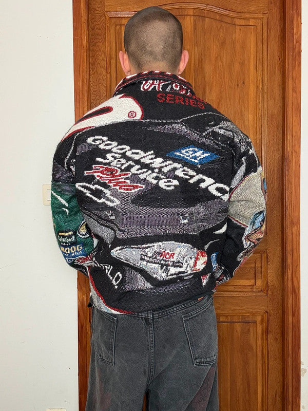 Veste en tapisserie design unique vintage fait main upcyclé retravaillé tissé taille XL n•762