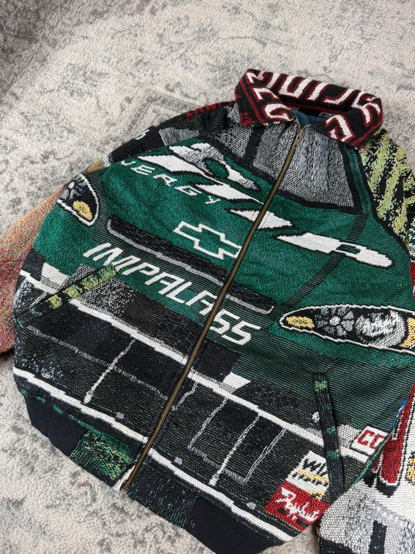 Veste en tapisserie design unique vintage fait main upcyclé retravaillé tissé taille XL n•762