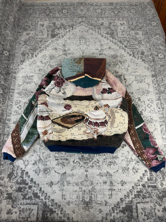 Veste en tapisserie design unique vintage fait main upcyclé retravaillé tissé taille XXL n•763