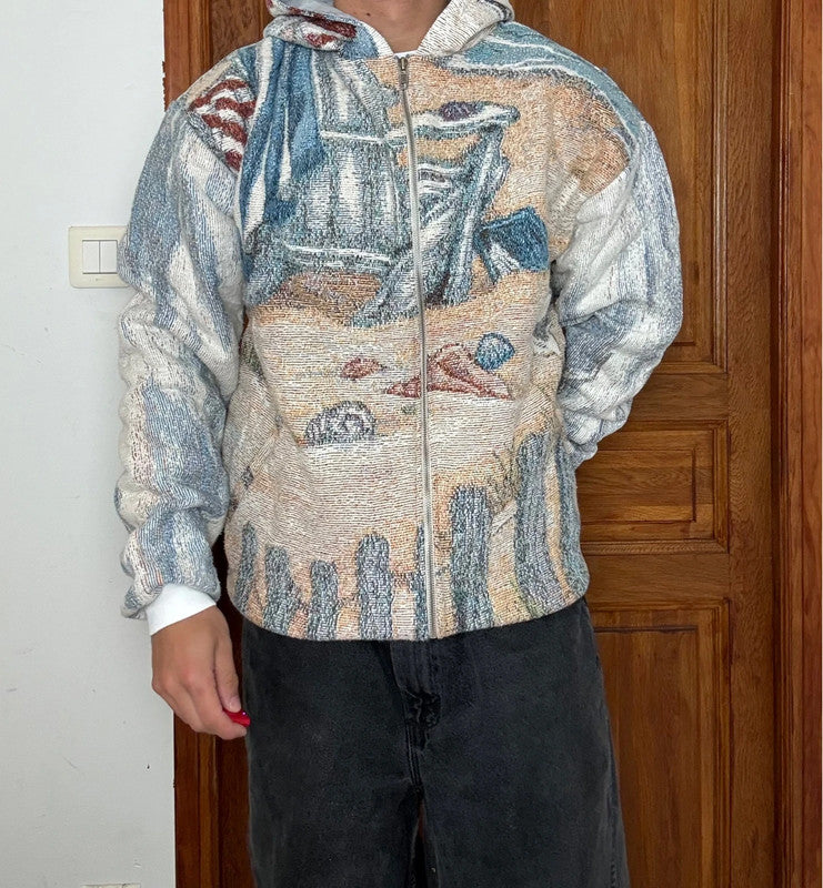 Veste en tapisserie design unique vintage fait main upcyclé retravaillé tissé taille XXL n•767
