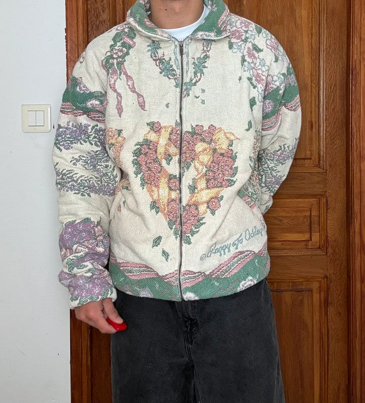 Veste en tapisserie design unique vintage fait main upcyclé retravaillé tissé taille XXL n•768