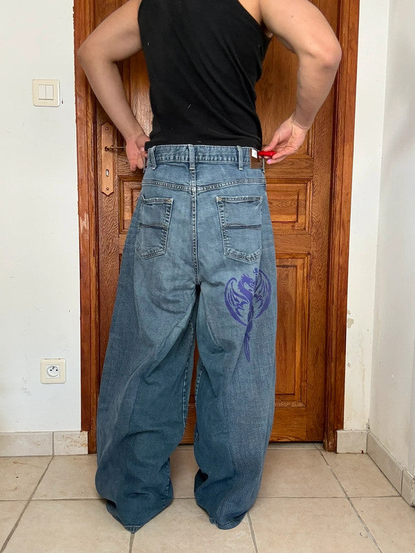 Pantalon baggy jean large Japanese balloon streetwear JNCO y2k vintage hip-hop taille L n•785
