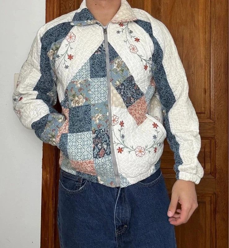 Veste en quilt crop style sportswear design unique vintage fait main upcyclé retravaillé n•809