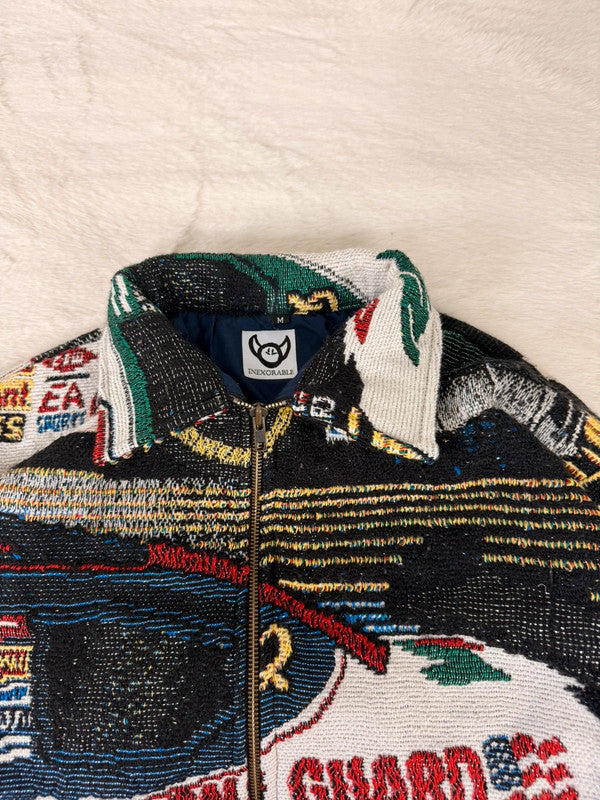Veste harrington en tapisserie design unique fait main upcyclé retravaillé et tissé taille M n•827