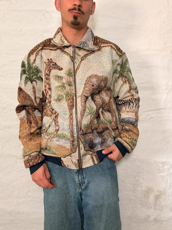 Veste Harrington en tapisserie design unique fait main upcyclé retravaillé et tissé taille M n•828