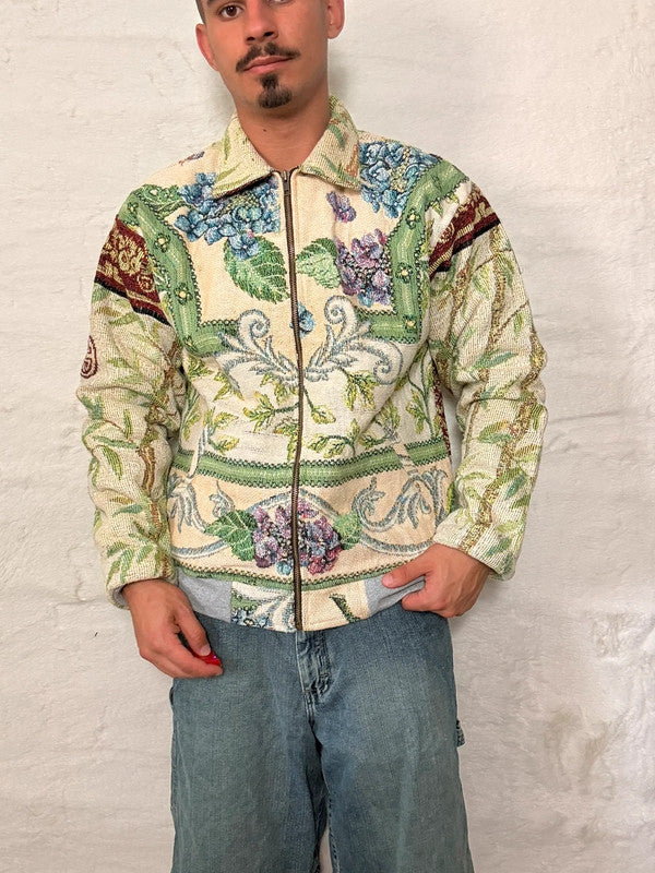 Veste Harrington en tapisserie design unique fait main upcyclé retravaillé et tissé taille S n•829