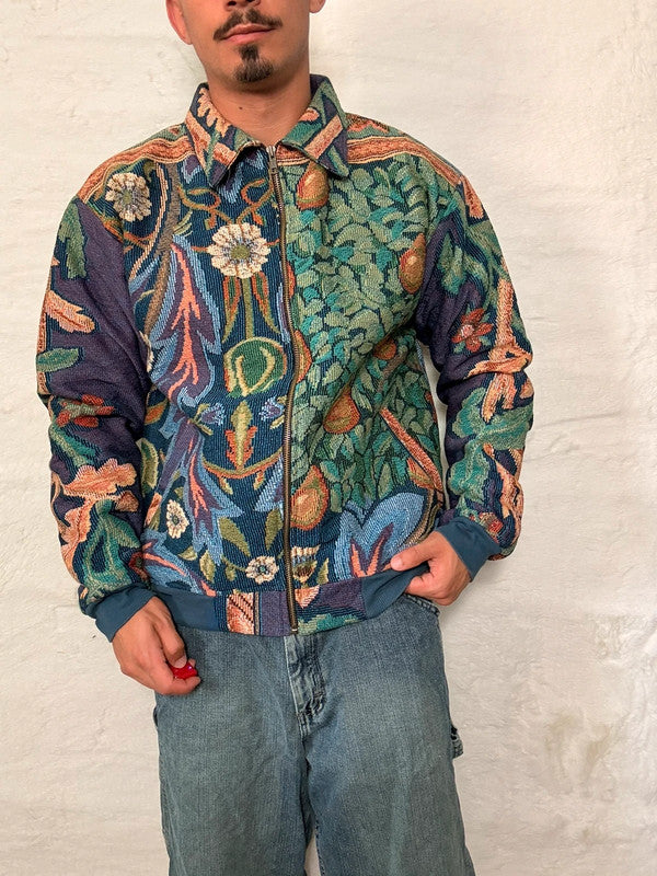 Veste Harrington en tapisserie design unique fait main upcyclé retravaillé et tissé taille M n•831