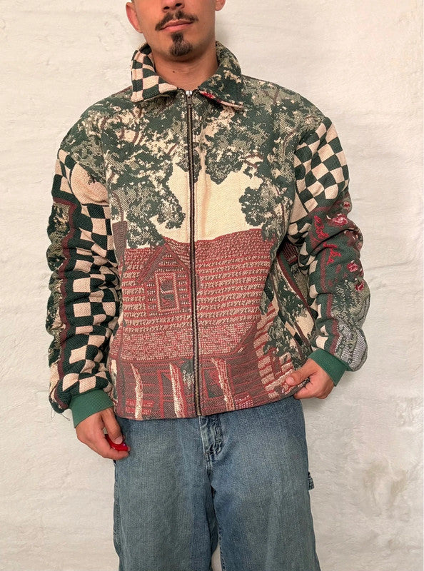 Veste Harrington en tapisserie design unique fait main upcyclé retravaillé et tissé taille XL n•833