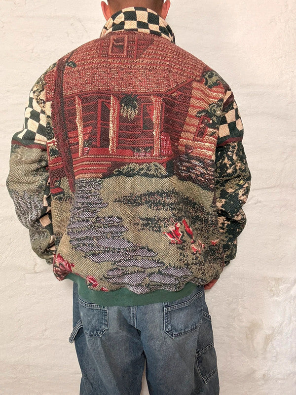 Veste Harrington en tapisserie design unique fait main upcyclé retravaillé et tissé taille XL n•833