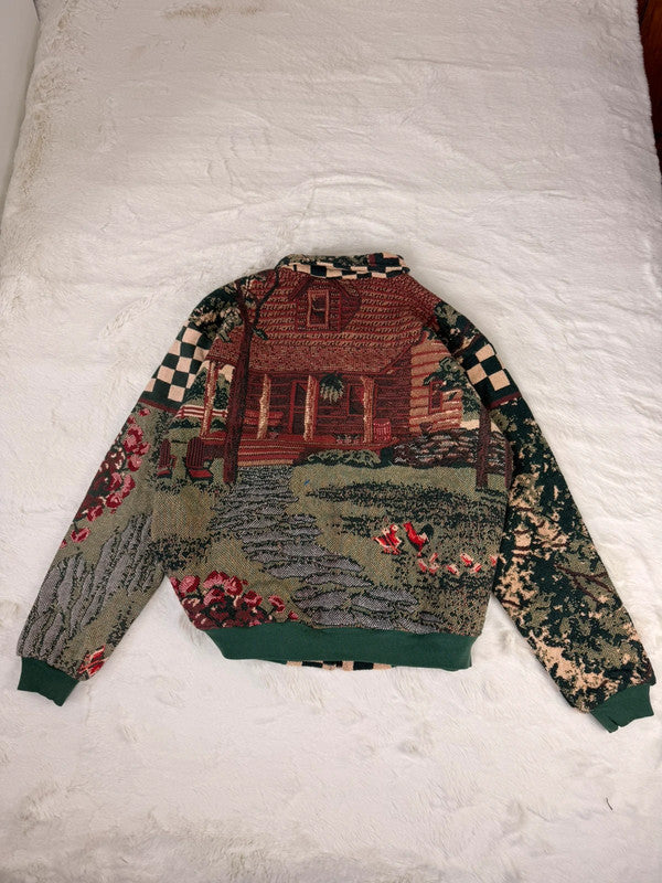 Veste Harrington en tapisserie design unique fait main upcyclé retravaillé et tissé taille XL n•833