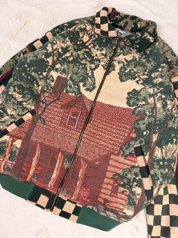 Veste Harrington en tapisserie design unique fait main upcyclé retravaillé et tissé taille XL n•833