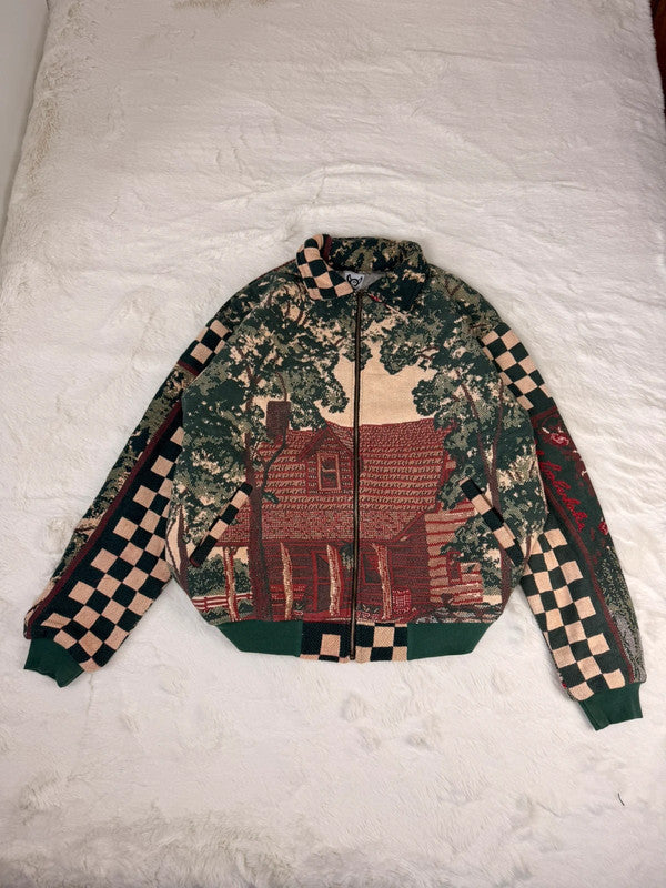 Veste Harrington en tapisserie design unique fait main upcyclé retravaillé et tissé taille XL n•833