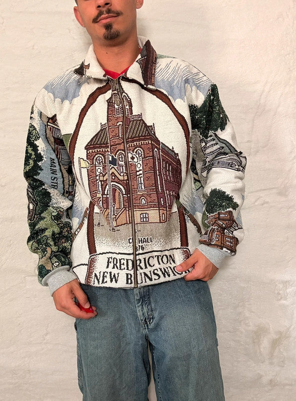 Veste Harrington en tapisserie design unique fait main upcyclé retravaillé et tissé taille L n•835