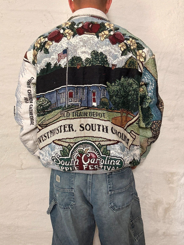 Veste Harrington en tapisserie design unique fait main upcyclé retravaillé et tissé taille L n•835