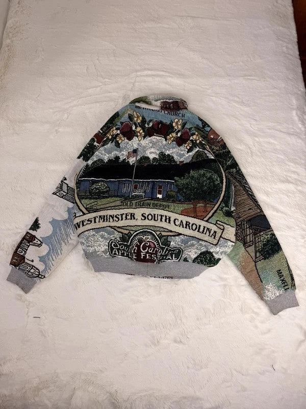 Veste Harrington en tapisserie design unique fait main upcyclé retravaillé et tissé taille L n•835
