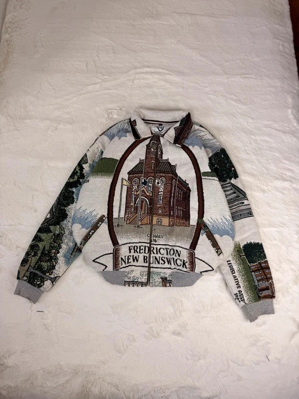 Veste Harrington en tapisserie design unique fait main upcyclé retravaillé et tissé taille L n•835