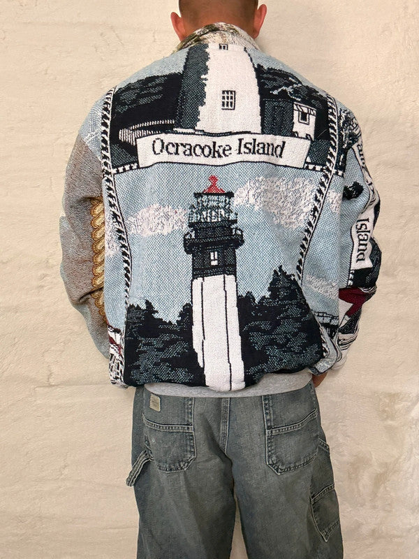 Veste Harrington en tapisserie design unique fait main upcyclé retravaillé et tissé taille XL n•836