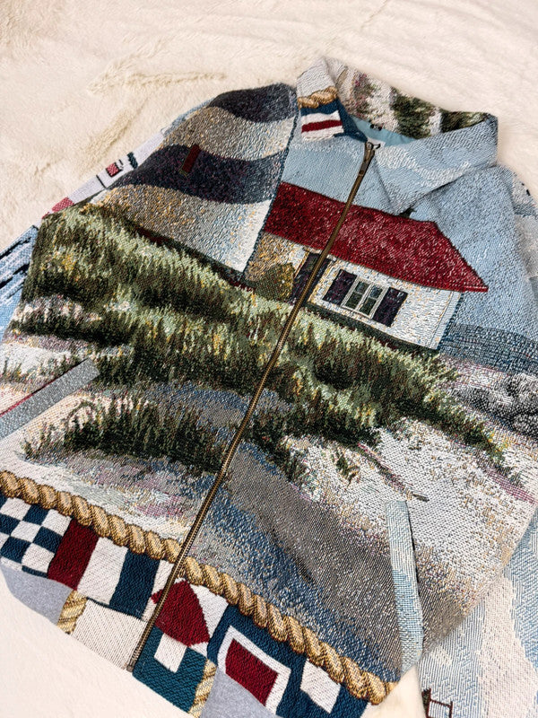 Veste Harrington en tapisserie design unique fait main upcyclé retravaillé et tissé taille XL n•836
