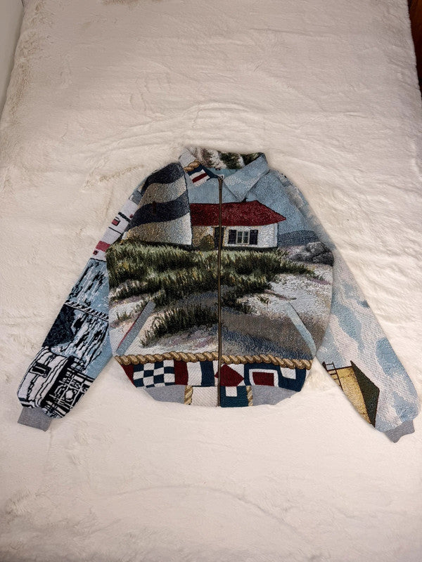 Veste Harrington en tapisserie design unique fait main upcyclé retravaillé et tissé taille XL n•836