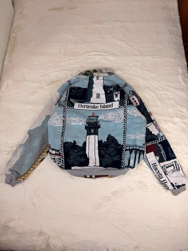 Veste Harrington en tapisserie design unique fait main upcyclé retravaillé et tissé taille XL n•836