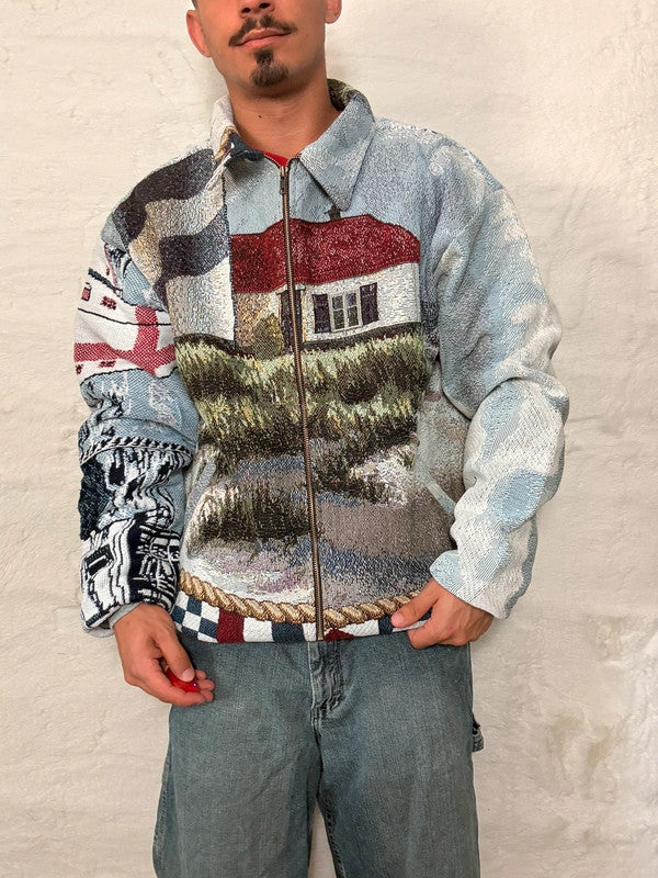 Veste Harrington en tapisserie design unique fait main upcyclé retravaillé et tissé taille XL n•836