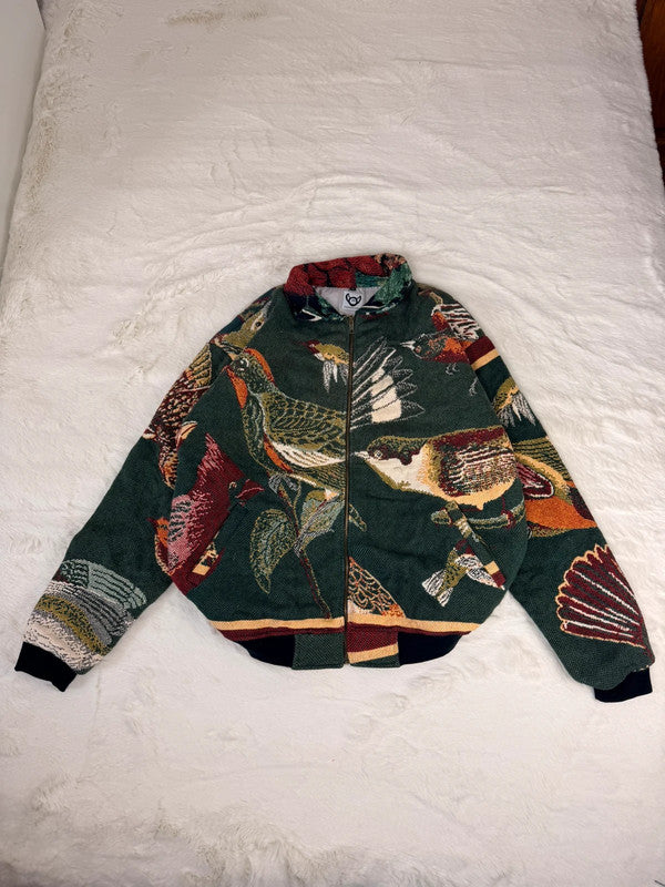 Veste Harrington en tapisserie design unique fait main upcyclé retravaillé et tissé taille XL n•837