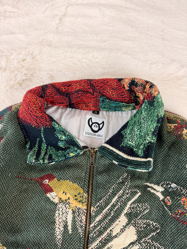 Veste Harrington en tapisserie design unique fait main upcyclé retravaillé et tissé taille XL n•837