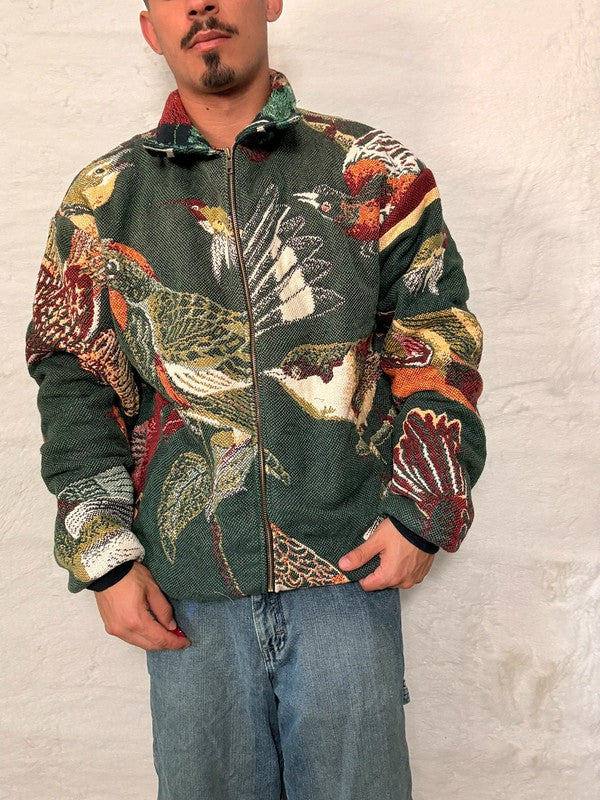 Veste Harrington en tapisserie design unique fait main upcyclé retravaillé et tissé taille XL n•837