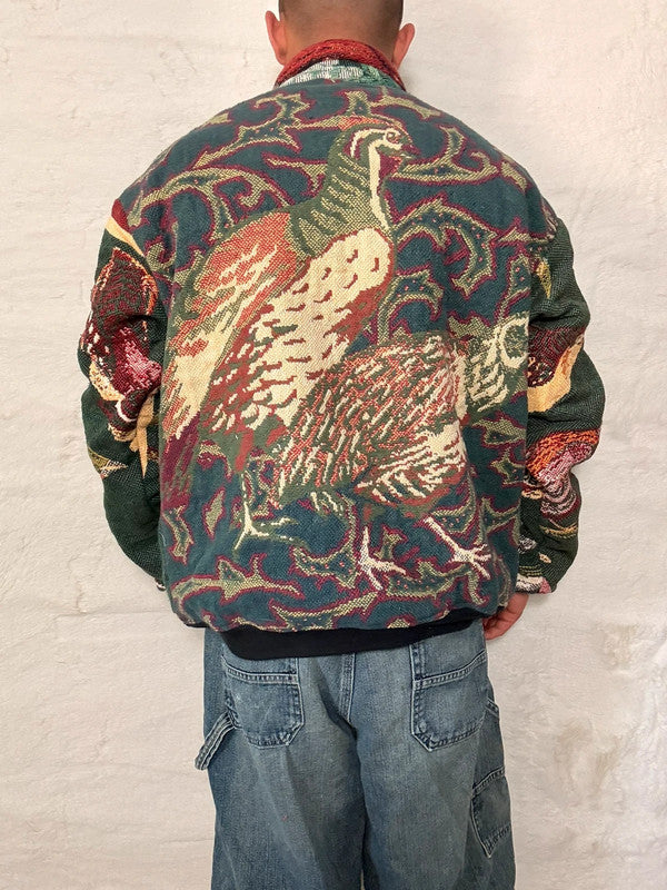 Veste Harrington en tapisserie design unique fait main upcyclé retravaillé et tissé taille XL n•837