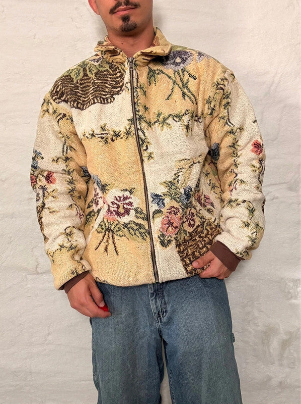 Veste Harrington en tapisserie design unique fait main upcyclé retravaillé et tissé taille L n•838