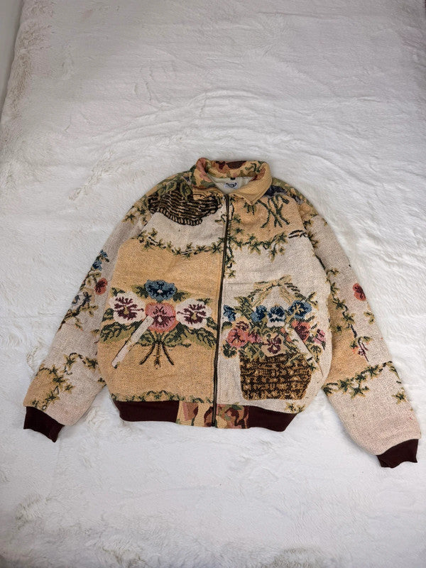 Veste Harrington en tapisserie design unique fait main upcyclé retravaillé et tissé taille L n•838