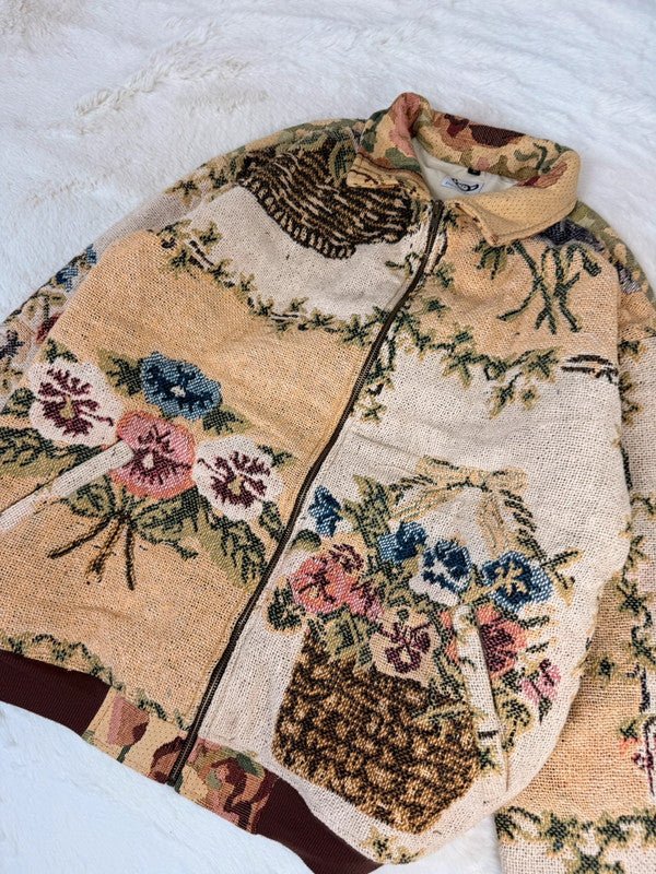 Veste Harrington en tapisserie design unique fait main upcyclé retravaillé et tissé taille L n•838