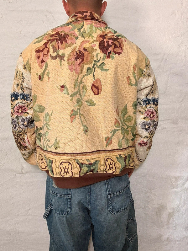 Veste Harrington en tapisserie design unique fait main upcyclé retravaillé et tissé taille L n•838