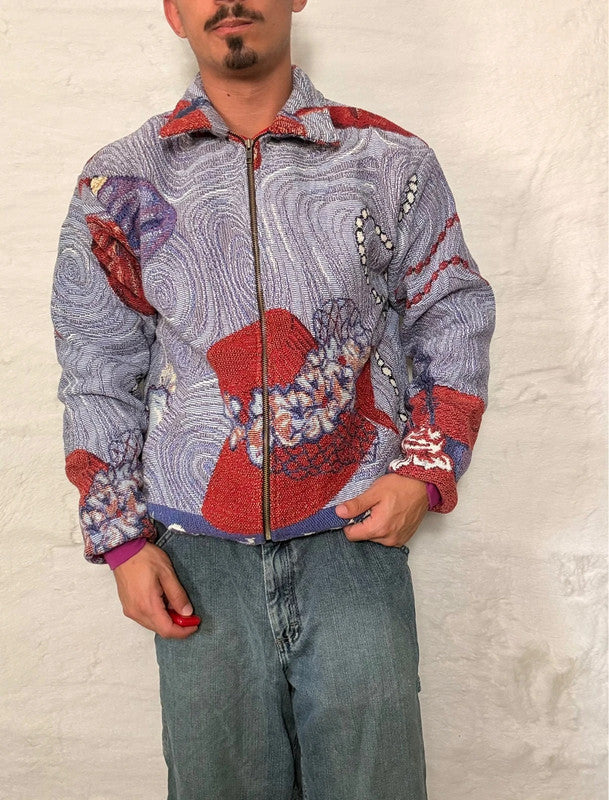 Veste Harrington en tapisserie design unique fait main upcyclé retravaillé et tissé taille S n•839
