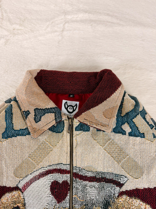 Veste Harrington en tapisserie design unique fait main upcyclé retravaillé et tissé taille M n•841